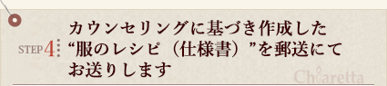 STEP4　カウンセリングに基づき作成した“服のレシピ（仕様書）”を郵送にてお送りします